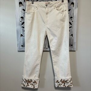 DRIFTWOOD Collette High Rise White Stretch Denim Brown Floral Cuff Crop   Jeans